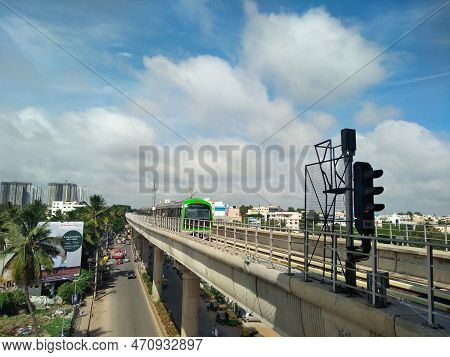 Closeup Of Beautiful Green Line Metro Station And Metro Train, Yelachenahalli, Kanakapura Road.