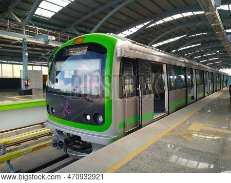Closeup Of Beautiful Green Line Metro Station And Metro Train, Yelachenahalli, Kanakapura Road.