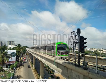 Closeup Of Beautiful Green Line Metro Station And Metro Train, Yelachenahalli, Kanakapura Road.
