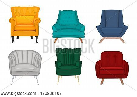 Set Of Trendy Armchairs Isolated On White Background. Collection Of Different Vintage Mid Century Mo