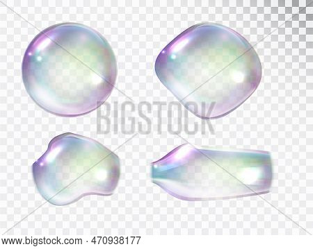 Transparent Realistic Colorful Soap Bubbles Shapes Set Isolated On A Light Background. Water Spheres