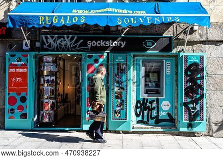 Madrid, Spain - October 11, 2020: Man Standing In Front Of A Gift And Souvernirs Store In The Center
