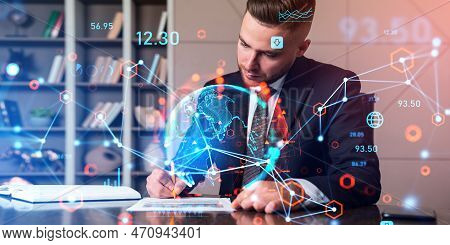 Thoughtful Handsome Businessman Wearing Formal Suit Singing Contract At Office Workplace. Digital In