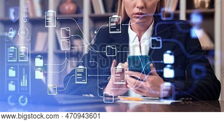 Businesswoman Working With Smartphone, Double Exposure Online Documentation Database And Files Stora