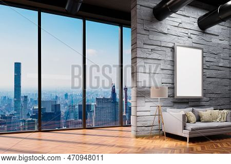 Large Urban Skyline Loft Office With Red Brickstone Wall And White Canvas Mock Up; Cozy Vintage Inte