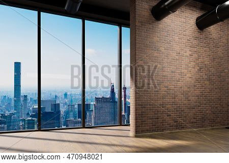 Large Urban Skyline Loft Office With Red Brickstone Wall And White Canvas Mock Up; Cozy Vintage Inte
