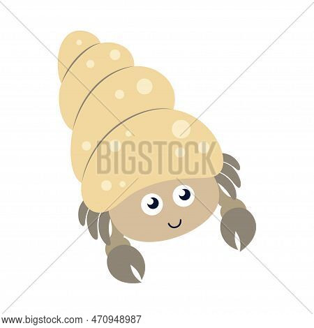 Cute Funny Hermit Crab Illustration For Children, Underwater Crustacean Characters Colorful Drawing 