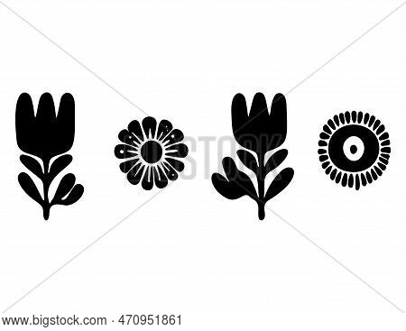 Folkart Flower Vector Illustration Set . Botanical Kids Scandi Garden Botanicals Collection.
