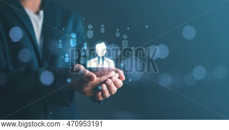 Businessman Showing Virtual Graphic Human Icon For Human Development Recruitment Leadership And Cust