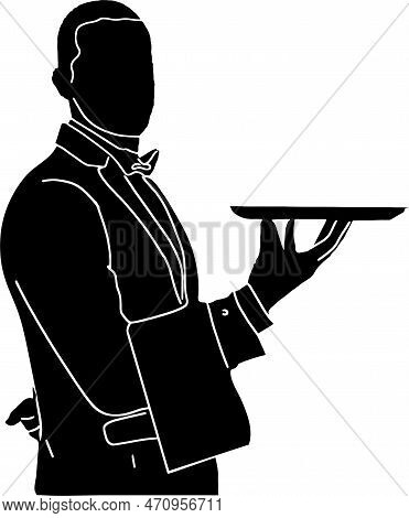 Silhouette Of Side View Of Waiter Holding Food Plate, Monochrome Vector Illustration Of Waiter In Re