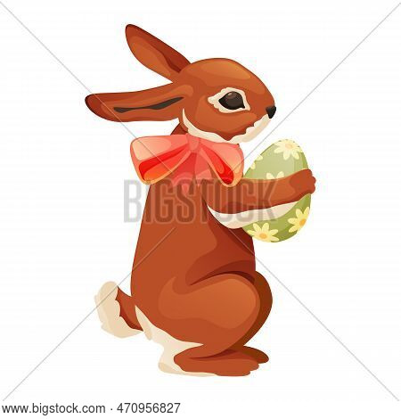 Cartoon Easter Bunny Or Hare. Isolated Vector Icon Or Clipart. Cute Brown Rabbit Holds Painted Egg I