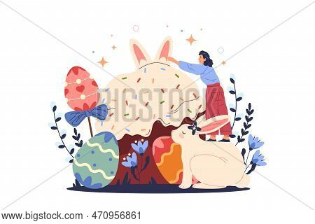 Easter Holiday Preparation. Vector Banner Or Clipart. Character Woman Decorates Easter Cake Or Paskh