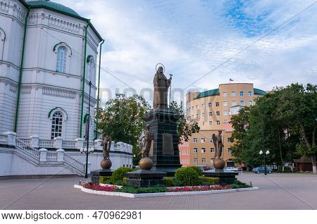Voronezh, Russia, September 2, 2022: Monument To The First Bishop Of Voronezh, St. Mitrofan, Near Th