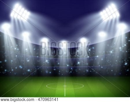 Football Stadium. Soccer Playground With Lighting Projectors. World Cup Night Arena. Building On Gre