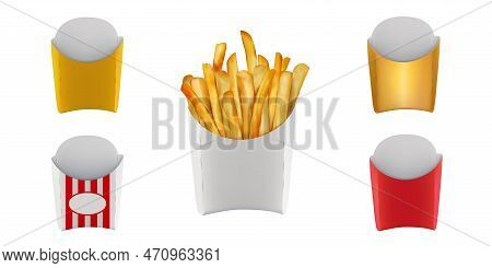 3d French Fries Box Branding. Potato Sticks Or Chips. Grilled Food. Realistic Yellow Or Red Paper Mo