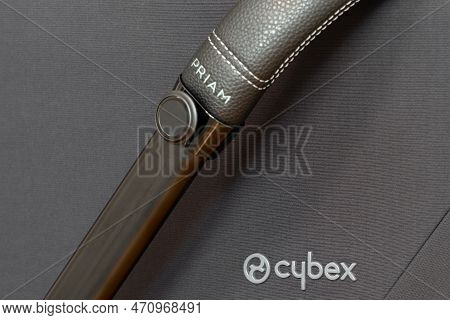 Novi Sad, Serbia - 15 January, 2023: Logo Of Cybex Platinum Brand On Black Baby Stroller. Cybex Is G