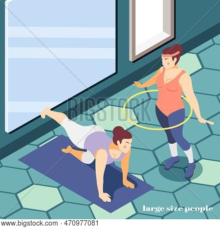 Large People Curvy Girls Gym Isometric Background Composition With Plus Size Women Fitness Workout E