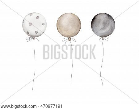 Watercolor Yellow Air Balloons On White Background. Birthday Balloons For Party Invitation. Round In