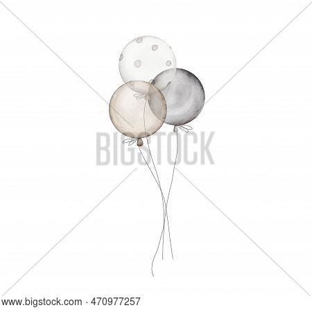 Watercolor Yellow Air Balloons On White Background. Birthday Balloons For Party Invitation. Round In