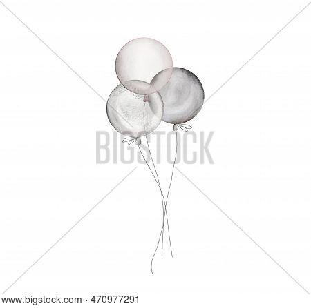 Watercolor Yellow Air Balloons On White Background. Birthday Balloons For Party Invitation. Round In