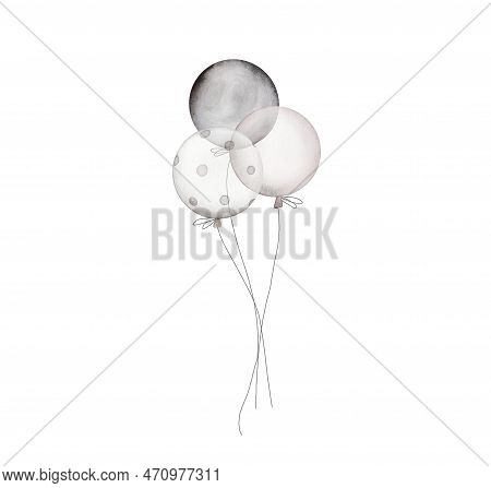Watercolor Yellow Air Balloons On White Background. Birthday Balloons For Party Invitation. Round In