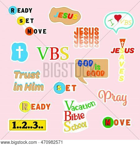 Vacation Bible School (vbs) Mixed Religious Symbols Sticker Set. Christian Camp Concept.