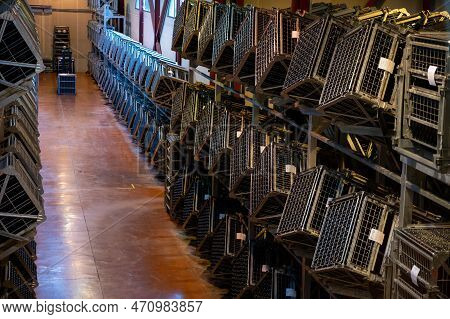 Production Of Cremant Sparkling Wine In Burgundy, France. Automatically Powered Riddling Remuage Box