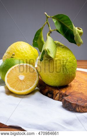 Variety Of Citrus Fruits, Bergamot And Lemon Citron Cedrate Or Citrus Medica, Large Fragrant Citrus