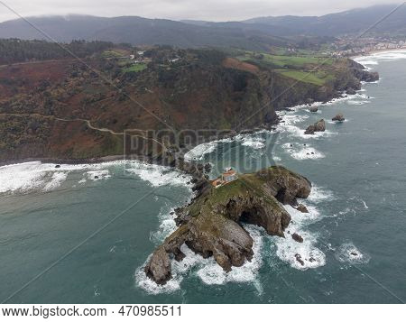 Atlantic Ocean Coastline Near Famous Landmark And Film Location In North Of Spain, Ocean Islet With