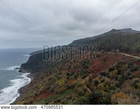 Atlantic Ocean Coastline Near Famous Landmark And Film Location In North Of Spain, Ocean Islet With