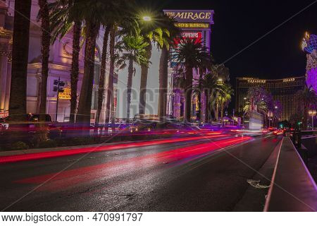 Gorgeous Out-of-focus Tracers Of Strip Road. Night Las Vegas Cityscape View. Nevada, Las Vegas. Usa.