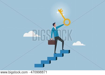 Businessman Winner Walk Up To The Top Of Stairway Lifting Golden Success Key To The Sky, Key To Busi