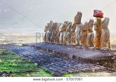 Standing Moais At Sunrise In Easter Island