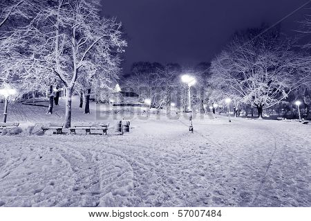 Central Park In Riga, Latvia At Winter Night
