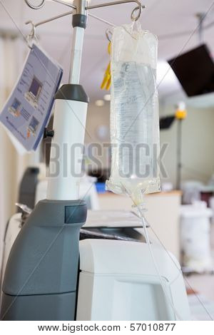 Fluid bag hanging on dialysis machine in chemo room at hospital