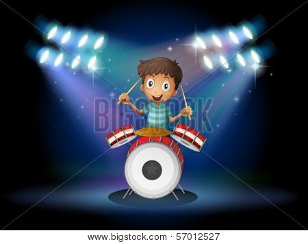 Illustration of a young drummer at the center of the stage