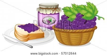 Illustration of a basket of grapes, jam and a sandwich on a white background