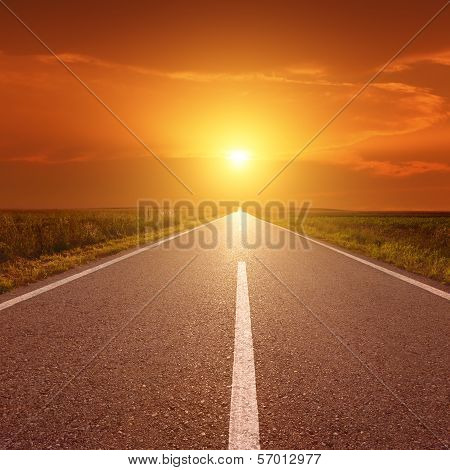 Driving On Asphalt Road At Sunset Towards The Sun Iii