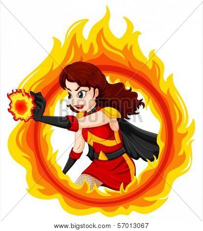Illustration of a flaming female superhero on a white background