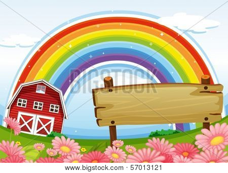 Illustration of an empty wooden signboard at the farm and a rainbow uphigh