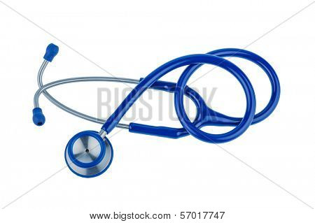 a blue stethoscope lying on a white background.