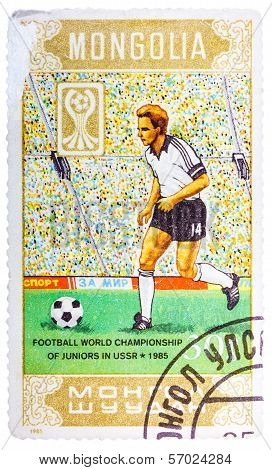 Stamp Printed In Mongolia Shows Football World Championship Of Juniors In Ussr 1985