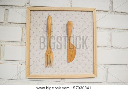 Wooden Frame Of Fork & Knife