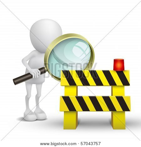 3D Person Watching A Roadblock With A Magnifying Glass
