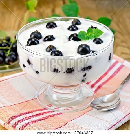 Yogurt Thick With Black Currant And Mint On The Board