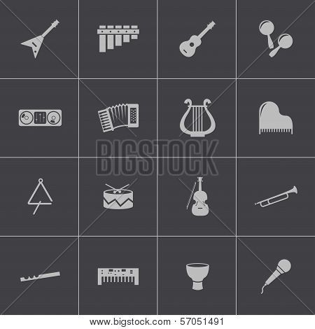 Vector black music instruments icons set