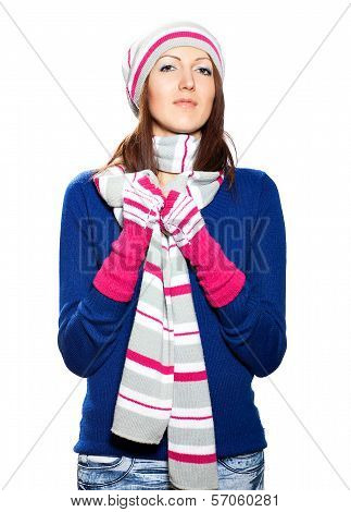 Girl In Hat And Gloves Blouse.