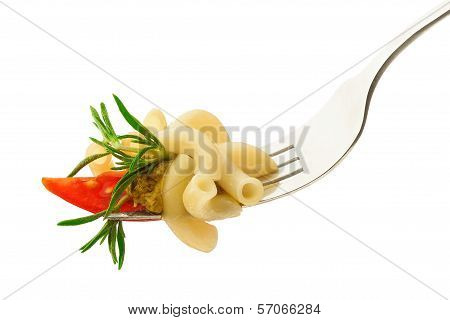 Pasta and pesto on fork