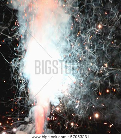 Explosion With Fire In The Night With Smoke, Sparks, Light, Fire, Blaze