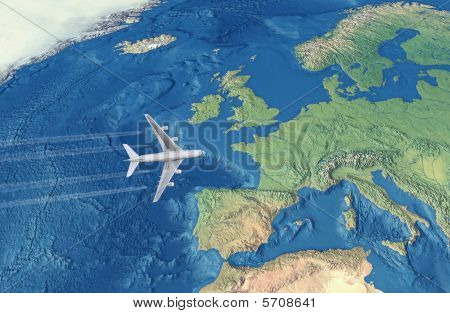 Bílý civilní letadlo přes Atlantický oceán do Evropy